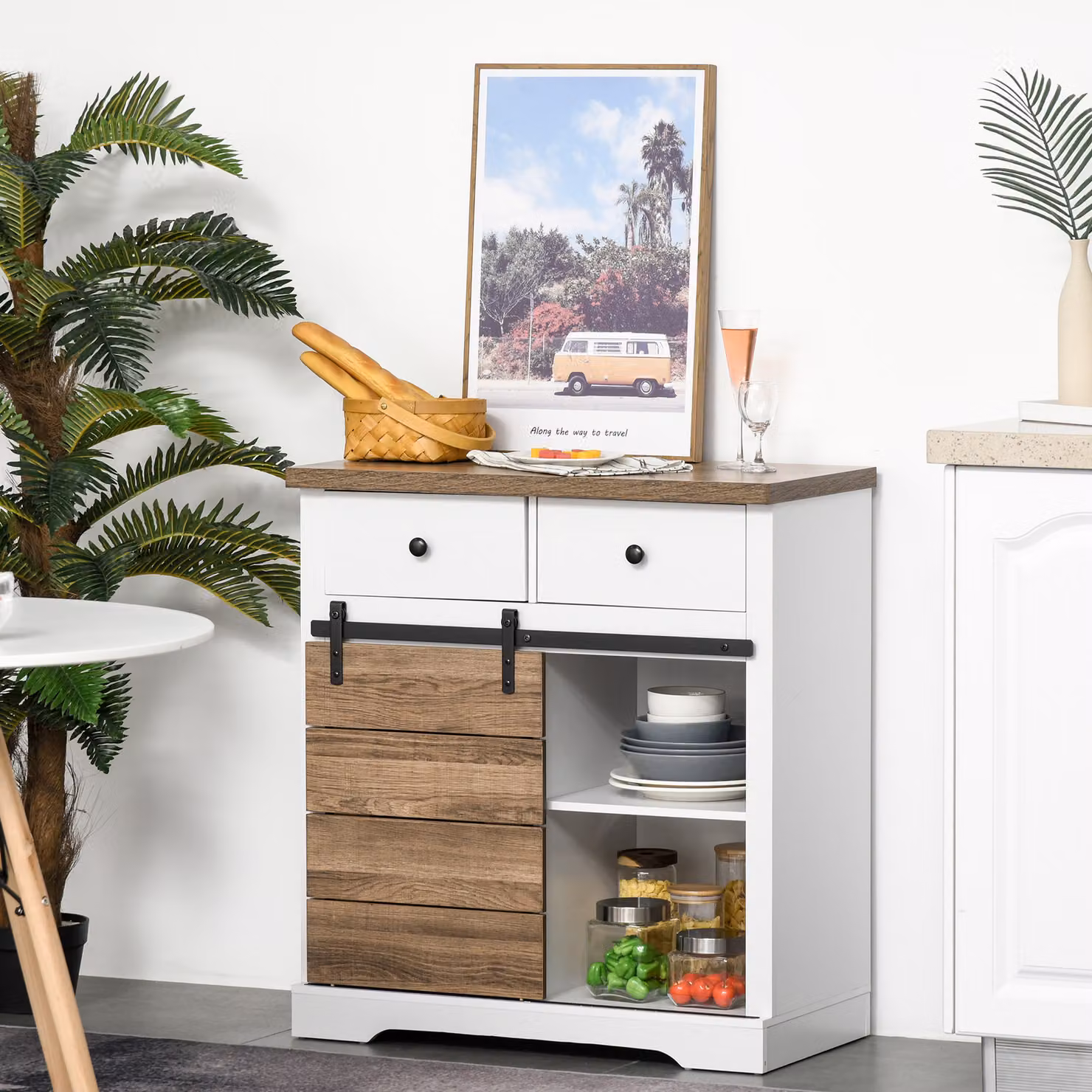 Credenza Multiuso Rustica HOMCOM con 2 Cassetti, Ripiani Aperti e Portabottiglie per Cucina e Soggiorno, L 80 x P 39 x H 86 cm – 2