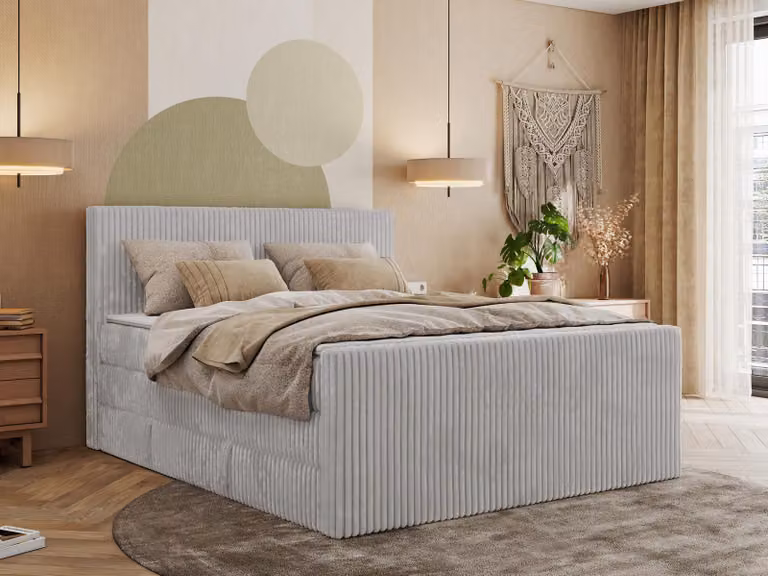 Letto boxspring con contenitore Tiliano King Duo 160x200cm Materasso a 7 zone H4 - Comfort foam, Grigio chiaro - tessuto a coste