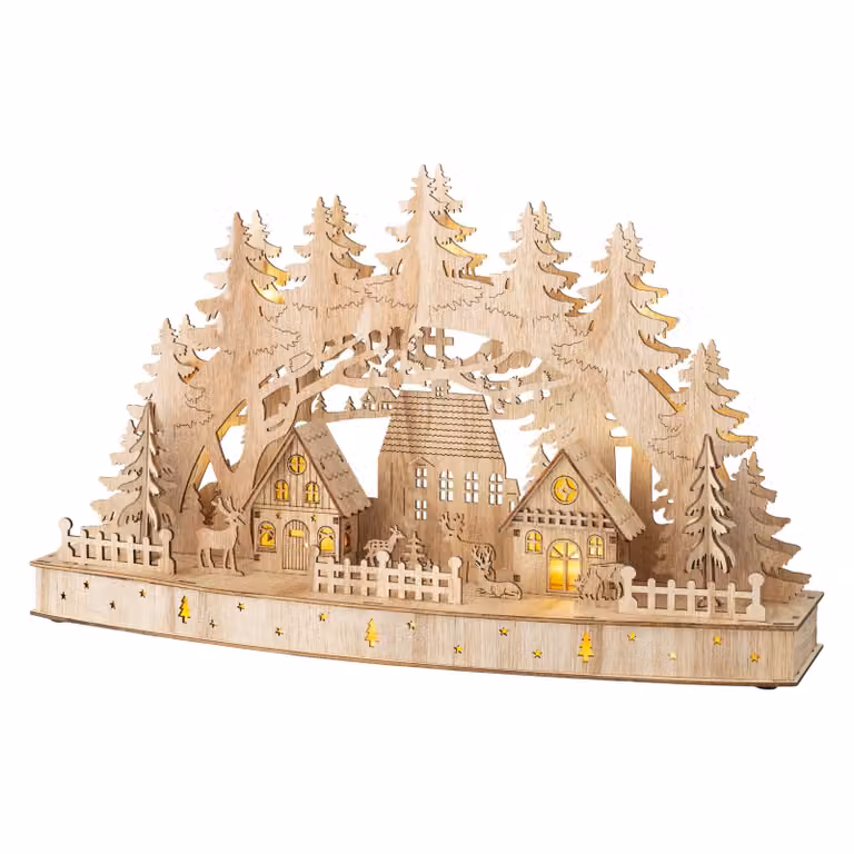 Arco luminoso natalizio in legno con luci LED e timer - 44 x 26 cm - Scena natalizia illuminata con luce bianca calda, alimentata a batteria - Decorazione natalizia luminosa