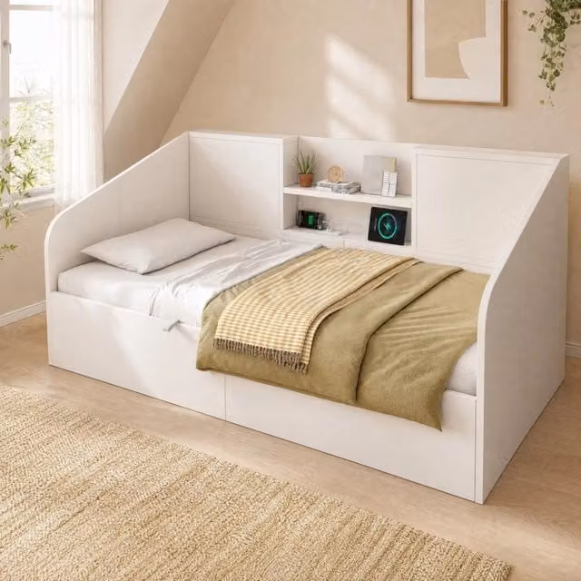 Letto da giorno REDOM Bianco con ricarica USB/Type-C e contenitore a sollevamento L/P/H: 200 x 90 x 75 cm – 1