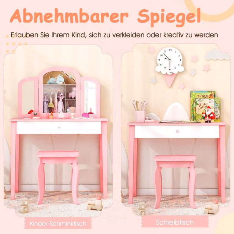 Set toletta e sedia per bambini Set toletta con specchio pieghevole e cassetto rosa + bianco
