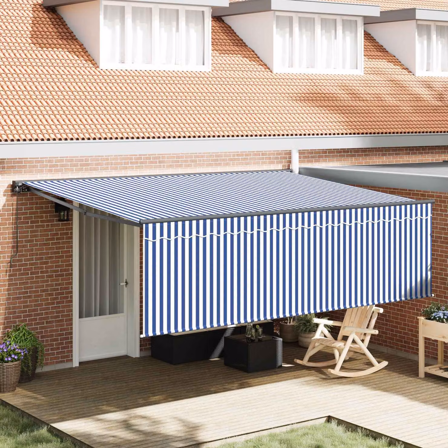 Tenda retrattile vidaXL con bracci pieghevoli in blu e bianco, L: 400 cm, P: 300 cm