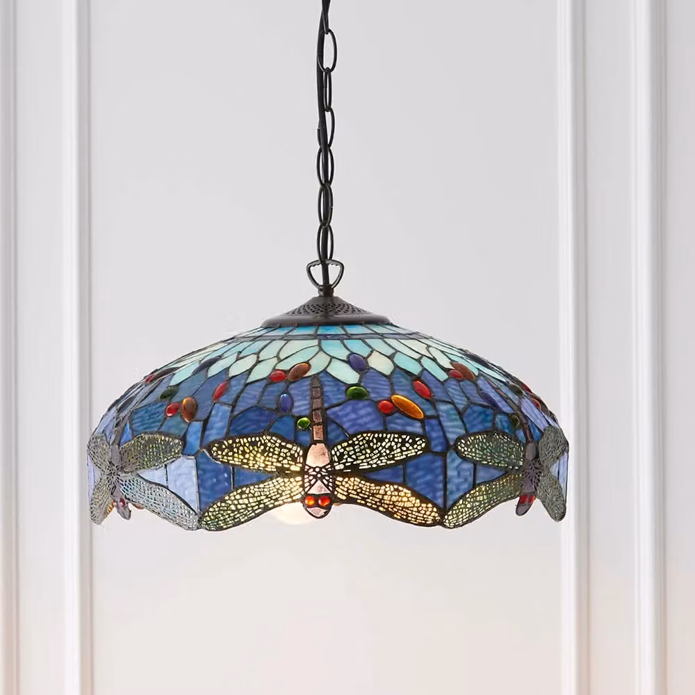 Lampada a sospensione Tiffany in vetro Blu Libellula con 3 portalampada E27 dimmabile – 2