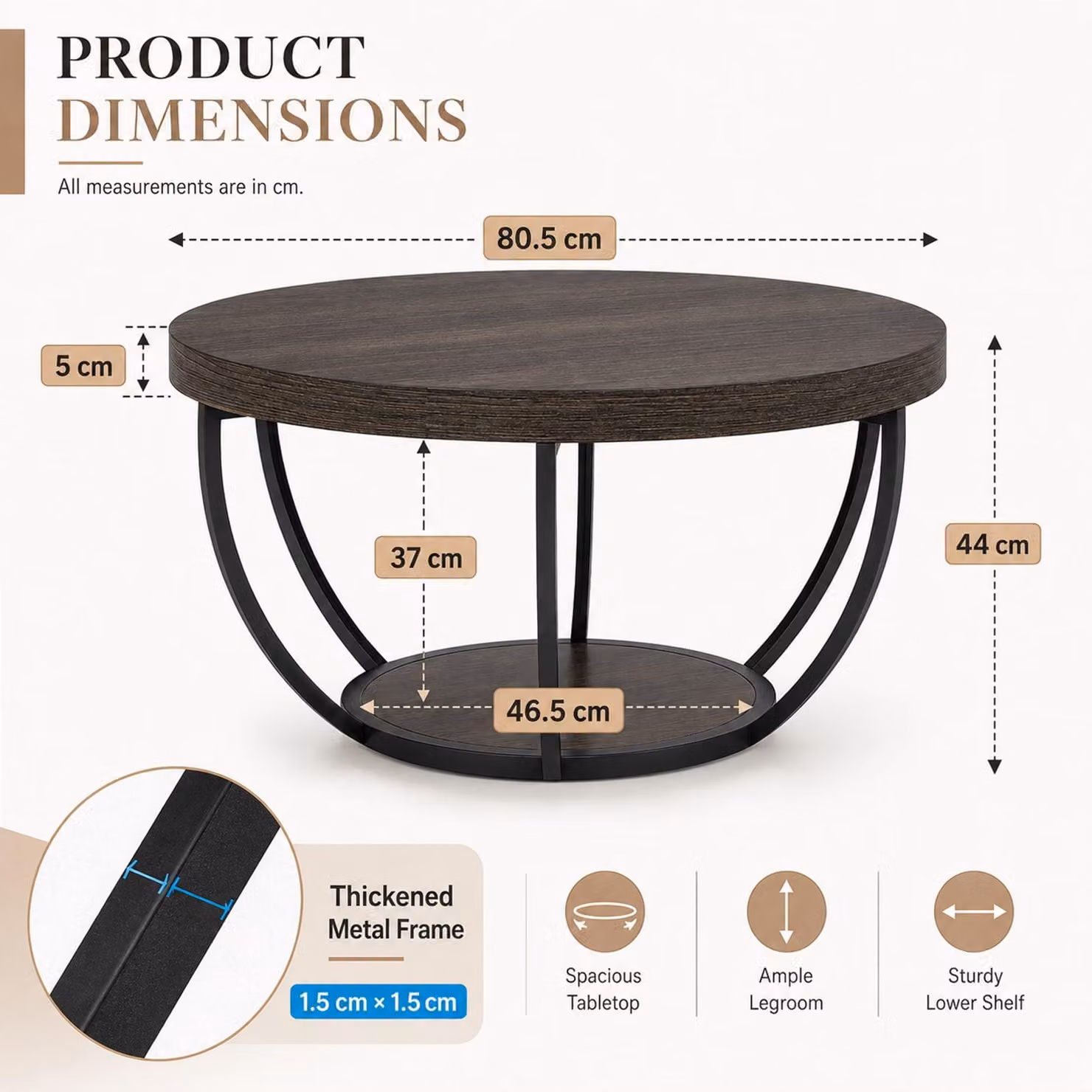 Tavolino da salotto rotondo tavolino da caffè - 80 cm - Legno - Grigio - Con due ripiani