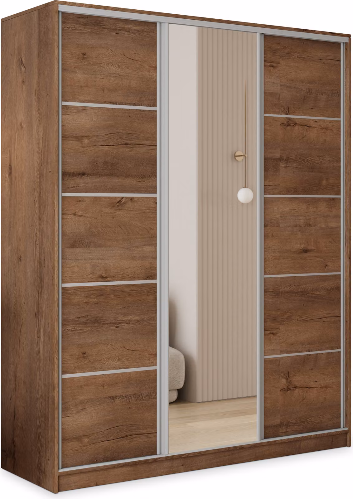 Armadio scorrevole Masseno PINA 160/205/58 cm Armadio con 4 cassetti Armadio per camera da letto a 3 ante con specchio Rovere Lefkas