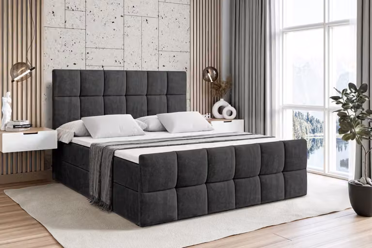 Letto boxspring ALTDECOR con pediera, materasso H4 e topper - 120x200 cm - RICAR-Z - Velluto nero - Letto imbottito con contenitore e rete a doghe, letto con spazio contenitivo
