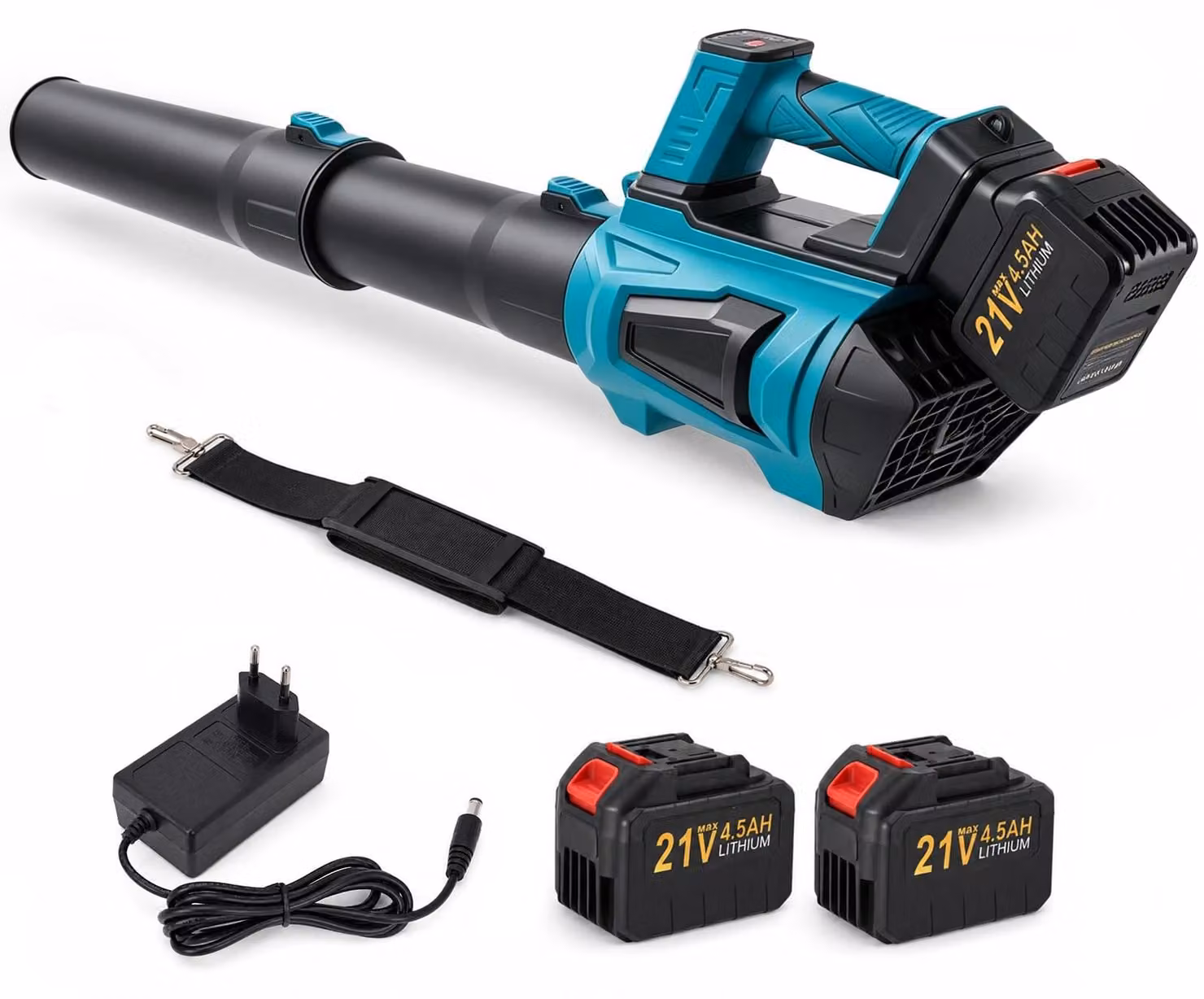 Soffiatore a batteria - 21 Volt, 2 batterie da 4500 mAh - Portata d'aria: 765 m³/ora - Colore: blu