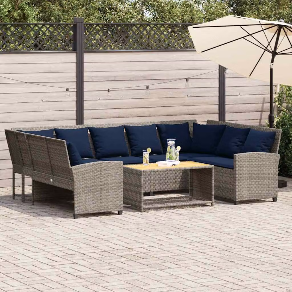 Divano da giardino a L vidaXL in polyrattan grigio con cuscini blu e coperture rimovibili