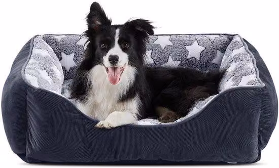 Cuccia comoda per animali di piccola taglia, lavabile, protezione antiabrasione, morbida cuccia con struttura rialzata, cuccia per cani e gatti, M, 63 x 53 x 20 cm, nero/stelle
