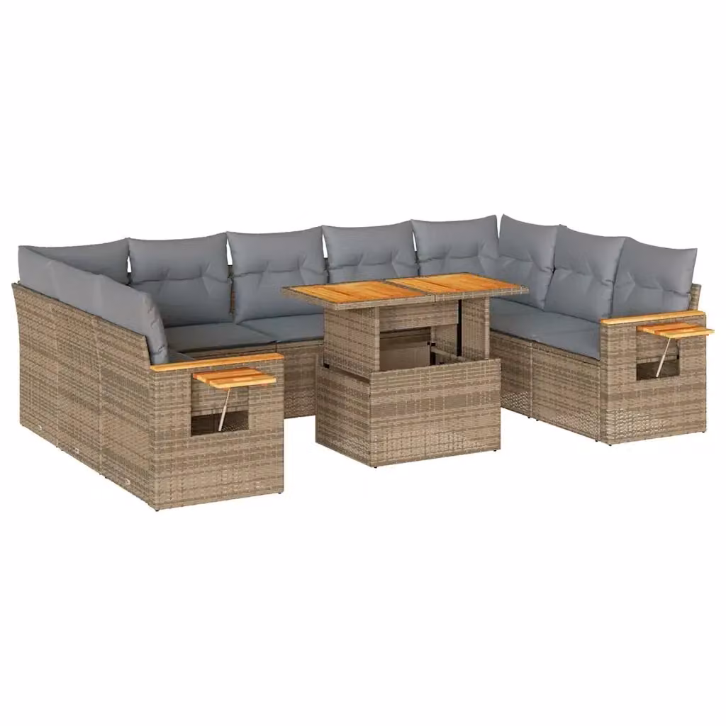 Set da giardino a forma di U vidaXL composto da 10 pezzi in polyrattan e legno di acacia con cuscini beige e tavolino da esterno – 2