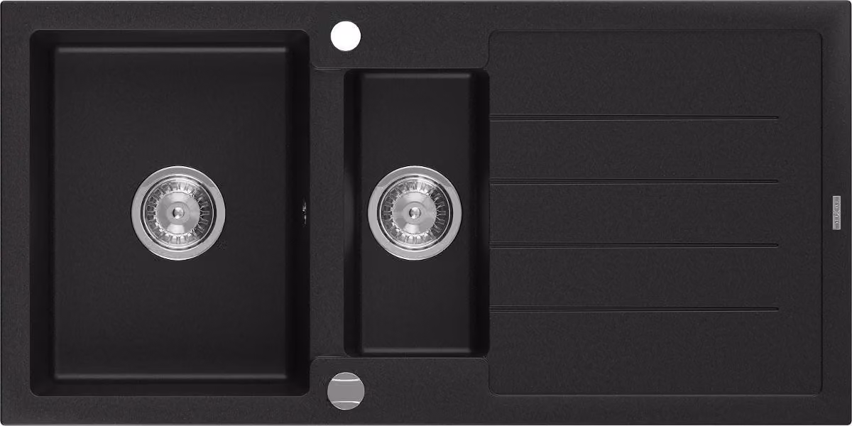 Mexen Andres lavello in granito 1,5-vasche con scolapiatti 1000 x 500 mm, nero, sifone cromato - 6515101510-77