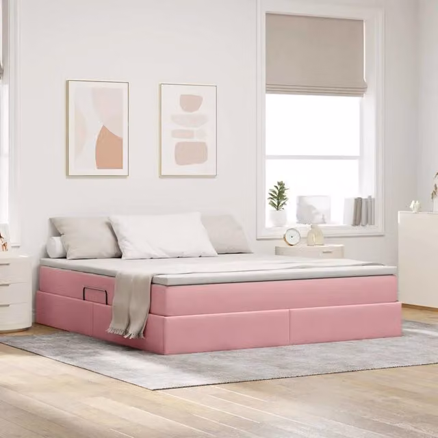 Letto con contenitore e materasso ibrido vidaXL in velluto rosa L: 180 cm, P: 200 cm, H: 204 cm