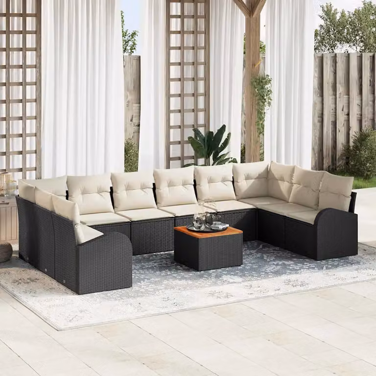 Set Divano da Giardino vidaXL 11 pezzi in Polyrattan Nero con Cuscini e Tavolino da Esterno in Acciaio Verniciato a Polvere