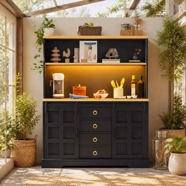 Mobile cucina alto con LED RGB; prese USB; 4 cassetti e ante scorrevoli; MDF nero; 120 x 40 x 150 cm
