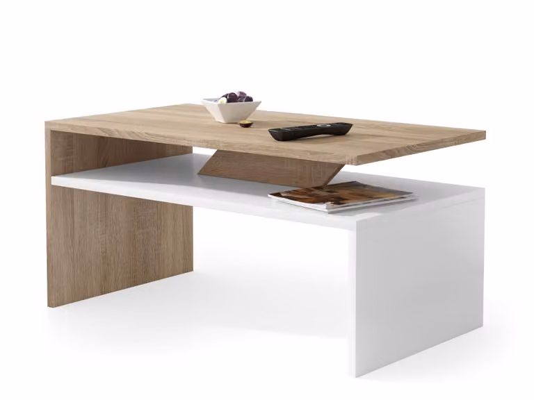 All4All, tavolino basso Pico, ideale come tavolino da caffè, tavolino per il soggiorno o tavolino da divano, con vano portaoggetti, dimensioni 90x50 cm, modello 05, finitura rovere Sonoma e bianco