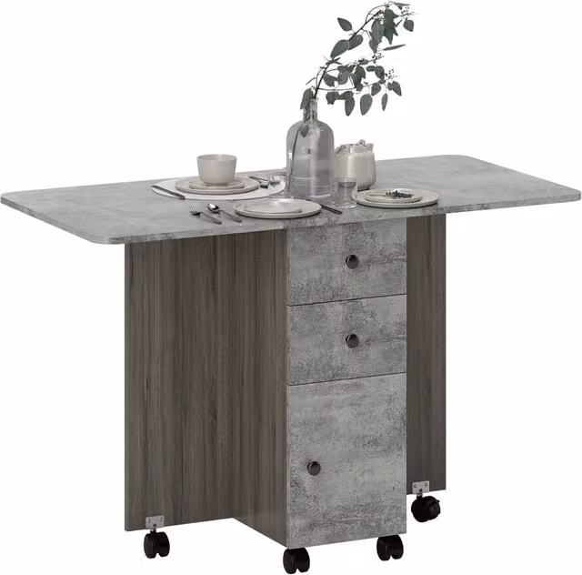 Tavolo da cucina pieghevole salvaspazio XYLO grigio con 2 cassetti e scaffale L: 120 cm, P: 60 cm, H: 76,5 cm
