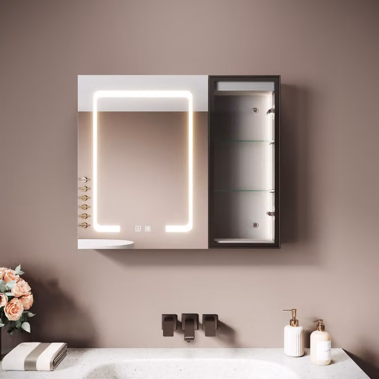 SONNI 70 x 60 x 12,5 cm Armadietto a specchio in legno nero a doppia anta con funzione antiappannamento e presa di ricarica per rasoi