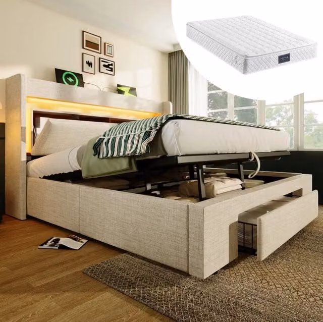 Letto imbottito beige 160x200 cm con contenitore idraulico, testiera con vano portaoggetti, illuminazione LED e porte USB/USB-C, base con doghe in legno, con materasso incluso