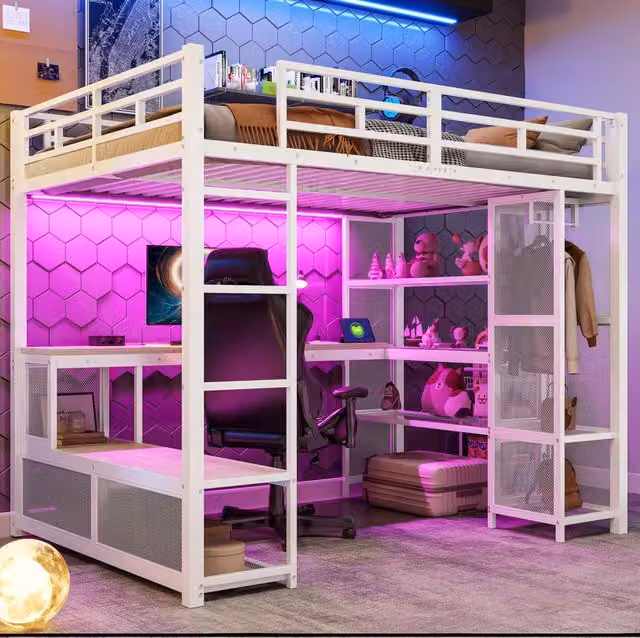 Letto a soppalco 140x200 cm con scrivania; ripiani; armadio aperto e LED; bianco