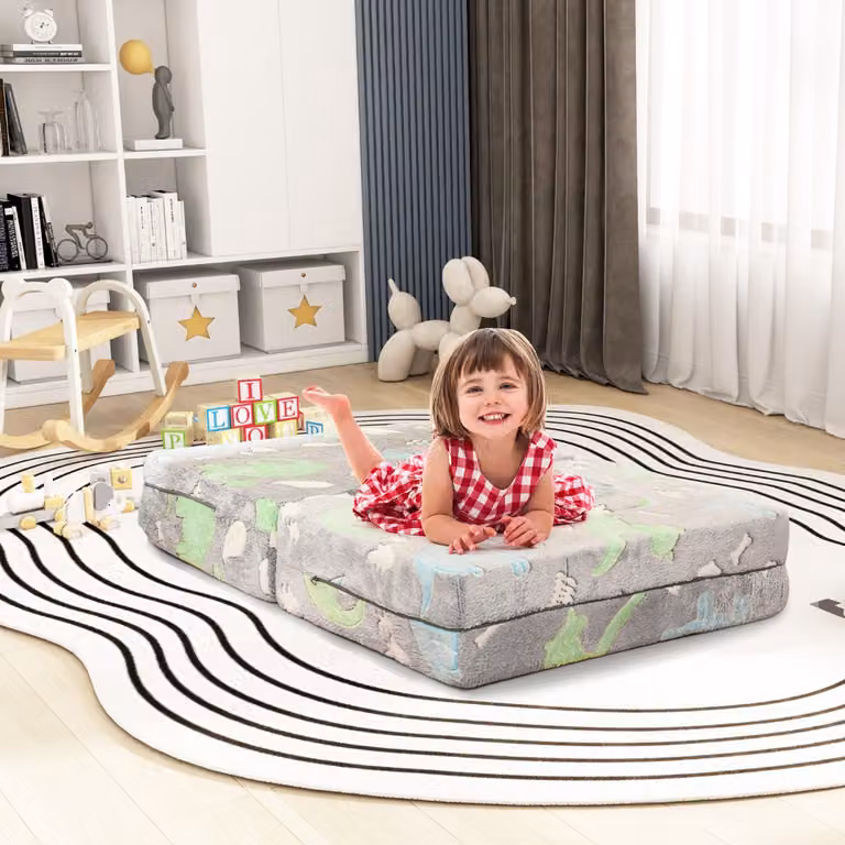 Poltrona per bambini Costway con cuscino, modello Dinosauro Grigio che brilla al buio con fodera lavabile