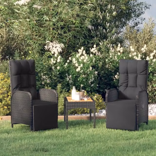 Set da giardino moderno vidaXL composto da 2 sedie reclinabili e un tavolo rettangolare in legno di acacia oliato e polyrattan nero