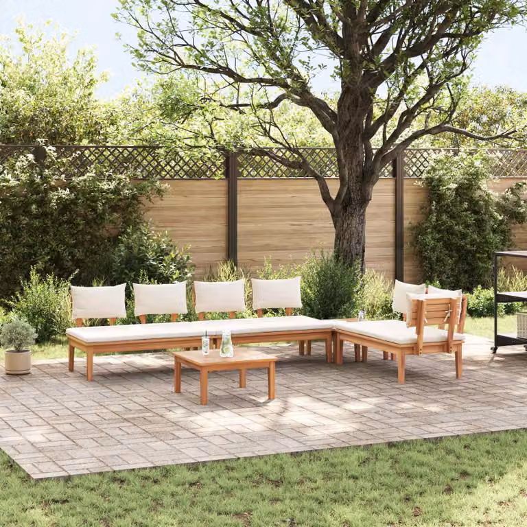 Set Divano da Giardino a L vidaXL 5 pz in Legno di Teak Marrone e Beige con Tavolino e Cuscini