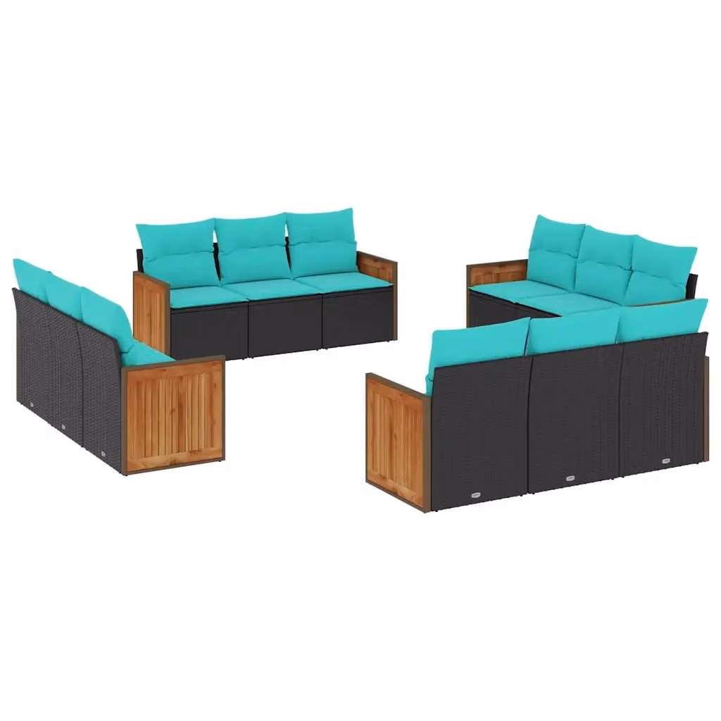 Set di Divani da Giardino a Forma di U vidaXL con Cuscini in Polyrattan e Struttura in Acciaio Nero e Blu Turchese – 2