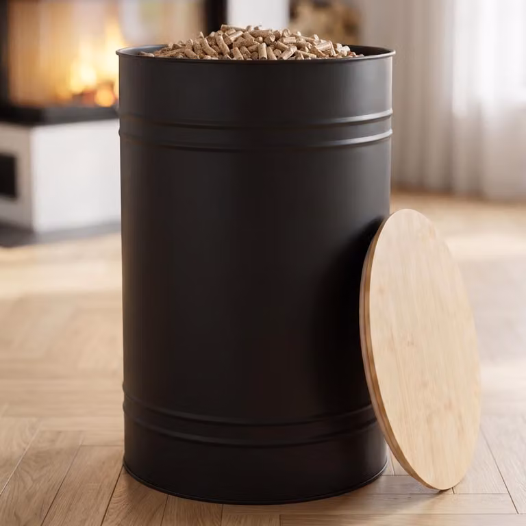 CASABEL Contenitore Pellet & Granuli Rotondo, Cap. 45kg, Coperchio Bambù