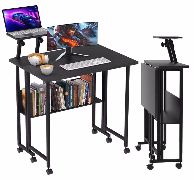Scrivania pieghevole – Tavolo per laptop con supporto per monitor – Ideale per piccoli spazi – Rettangolare – Pieghevole – Con rotelle – Struttura in metallo – Colore nero