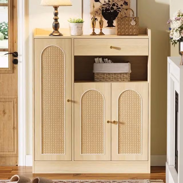 Mobile contenitore moderno SINGULARTY in rattan e MDF con ante e cassetti, color beige e marrone, L/P/H: 110 x 35 x 35 cm