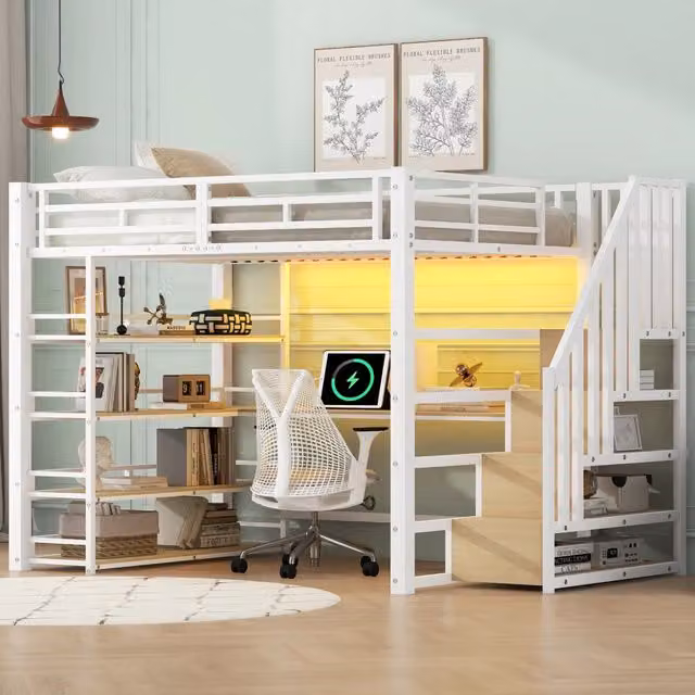Letto a soppalco 140x200 cm con scrivania integrata; ripiani; LED e scala; bianco