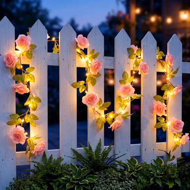 Catena luminosa da 2,2 metri, con 40 LED, decorata con rose artificiali, 8 modalità di illuminazione, alimentata a batteria, grado di protezione IP65