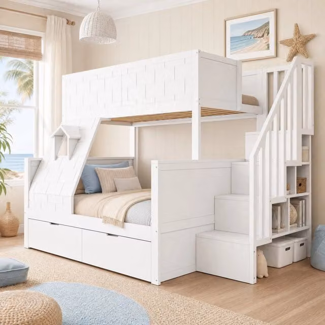 Letto a castello per bambini 90x200 e 140x200 cm bianco in legno con 2 cassetti