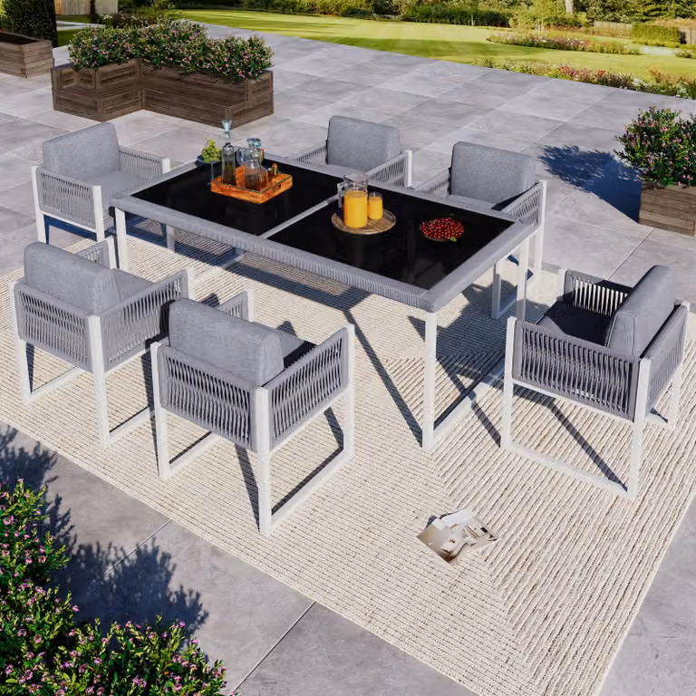 LVHOM set da pranzo da giardino 7 pezzi, set di mobili da giardino con cuscini, set da salotto da giardino in polyrattan, set da salotto da balcone per 6 persone, terrazza da giardino
