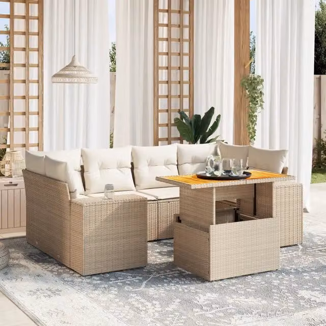 Set Divani da Giardino 7 pz con Cuscini Beige in Polyrattan 3272535