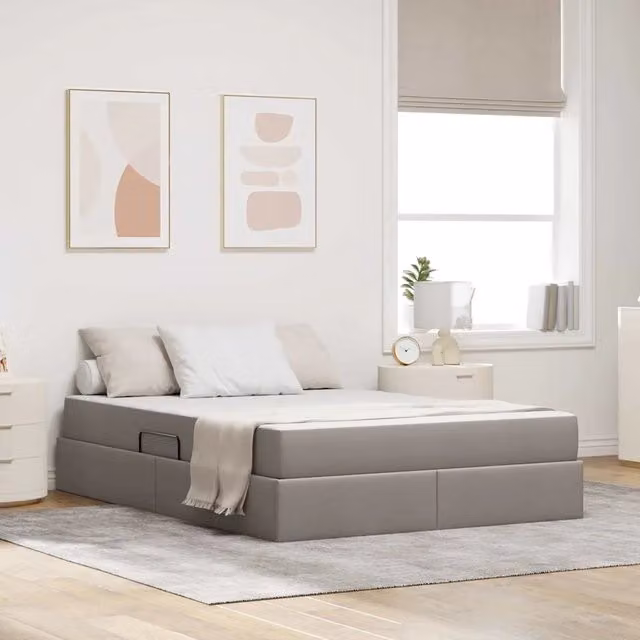 Letto con contenitore moderno vidaXL in tessuto e metallo con base lift up, L: 140 cm, P: 200 cm, H: 204 cm, Grigio e Marrone – 1