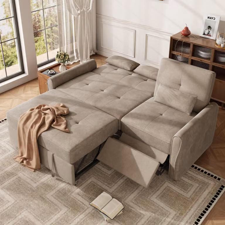 Divano letto a 3 posti, 3 funzioni, in velluto, con superficie letto estraibile, schienale regolabile a 90/145/180°