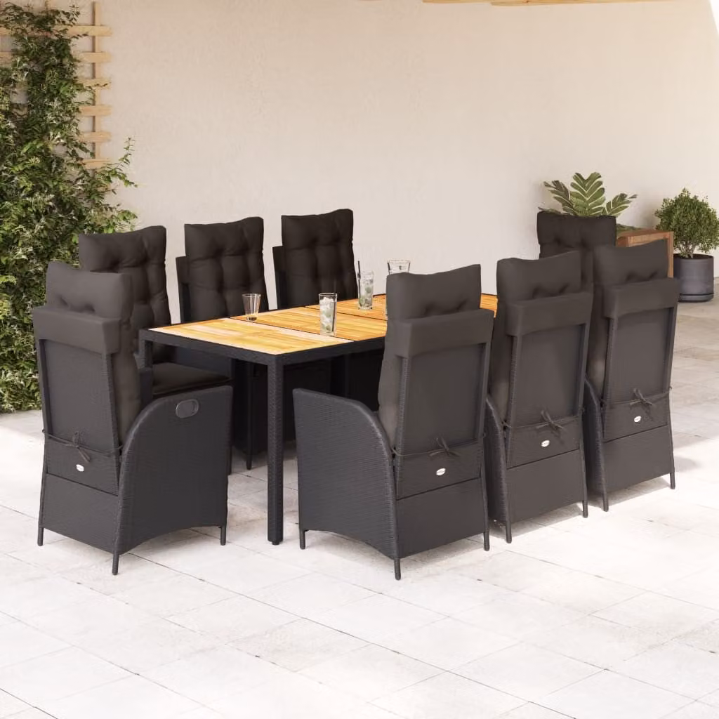 Set da Pranzo da Giardino vidaXL in Polyrattan e Legno di Acacia Nero con 9 Pezzi e Cuscini – 1