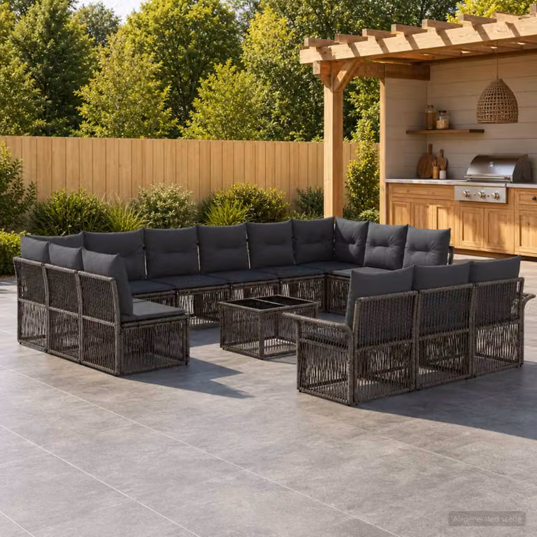 Set Divano da Giardino vidaXL 14 Pezzi a Forma di U Grigio con Tavolino e Cuscini in Polyrattan e Acciaio