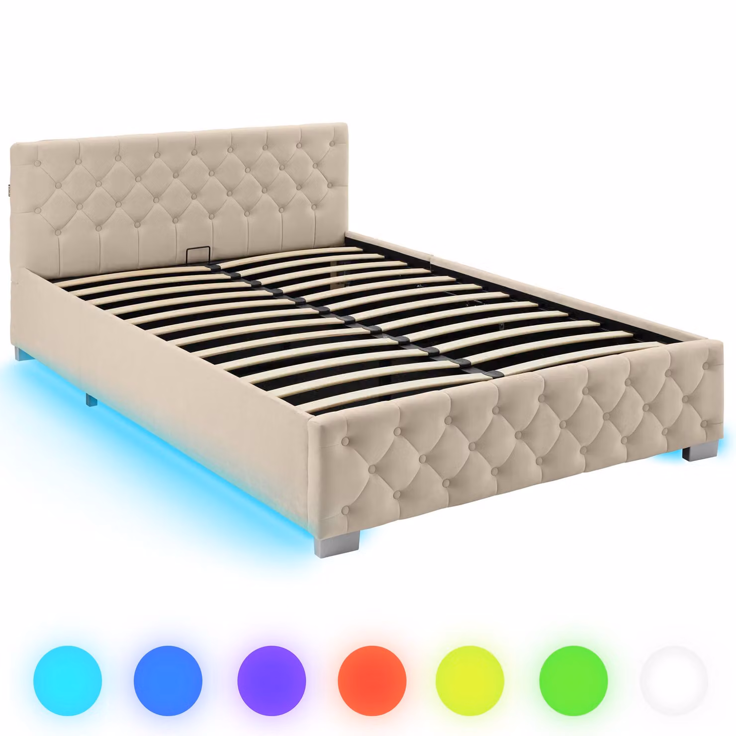 Letto imbottito con contenitore a sollevamento e illuminazione LED Tectake in velluto color sabbia L/P/H: 200 x 140 x 148 cm – 2