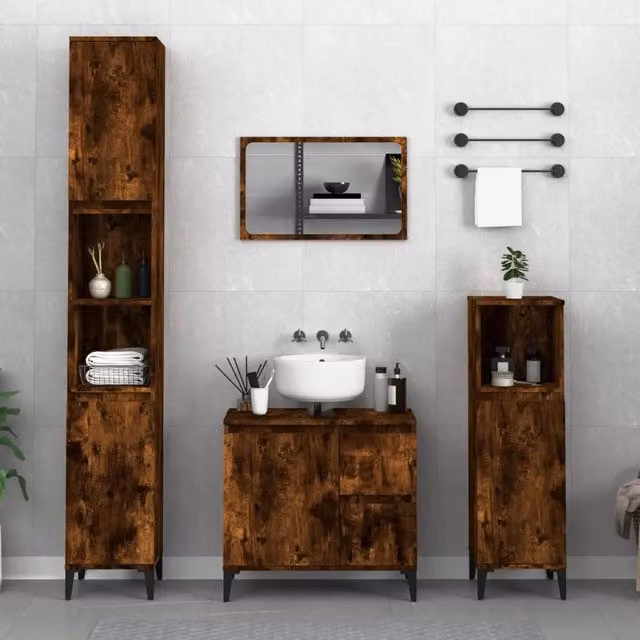 Set Mobili da Bagno Moderno vidaXL in Legno e Metallo Marrone, 3 Pezzi