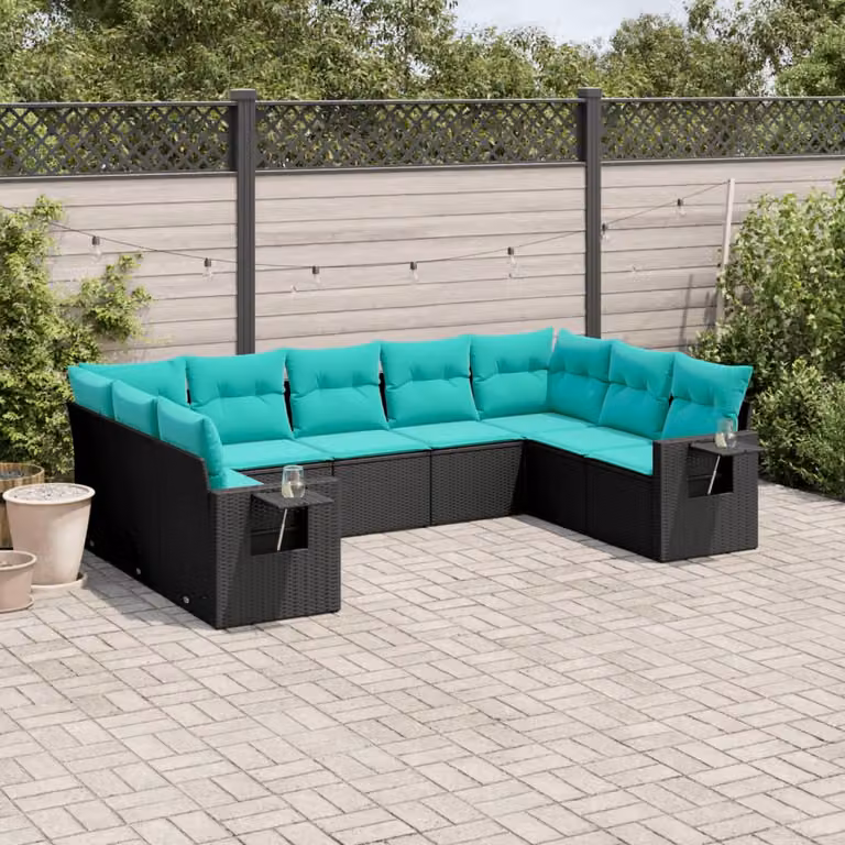 Set di divani da giardino vidaXL in polyrattan nero con 9 pezzi e cuscini inclusi