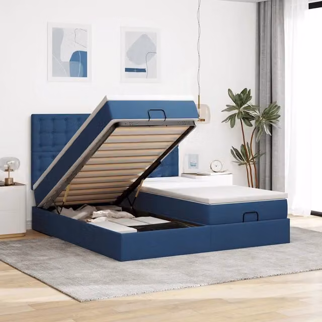 Struttura Letto Pouf con Materassi Blu 160x200 cm in Tessuto 3314582