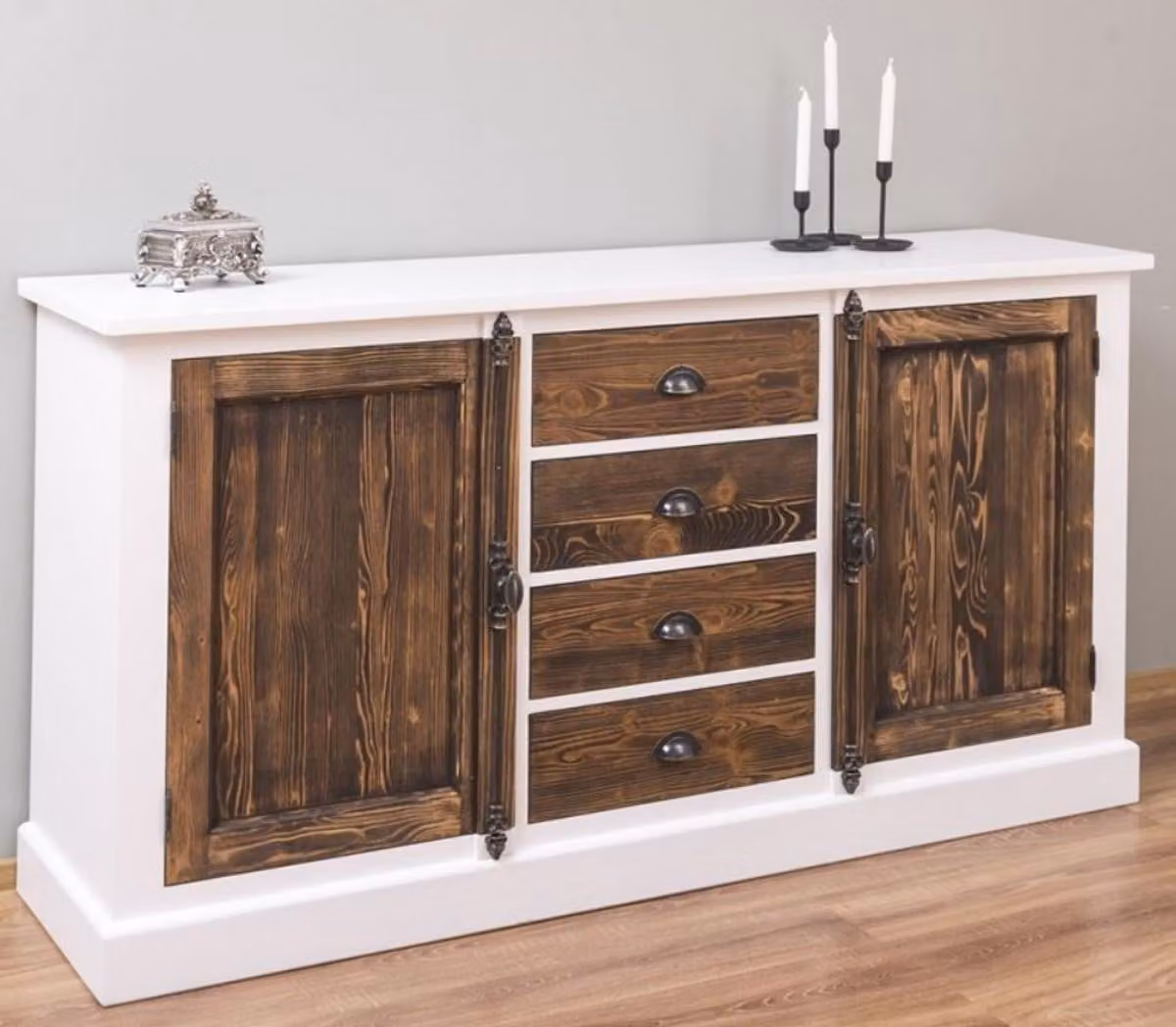 Credenza Casa Padrino in stile country bianco/marrone scuro 180 x 48 x h. 93 cm - Mobile in legno massiccio con 2 ante e 4 cassetti - Mobili in stile country
