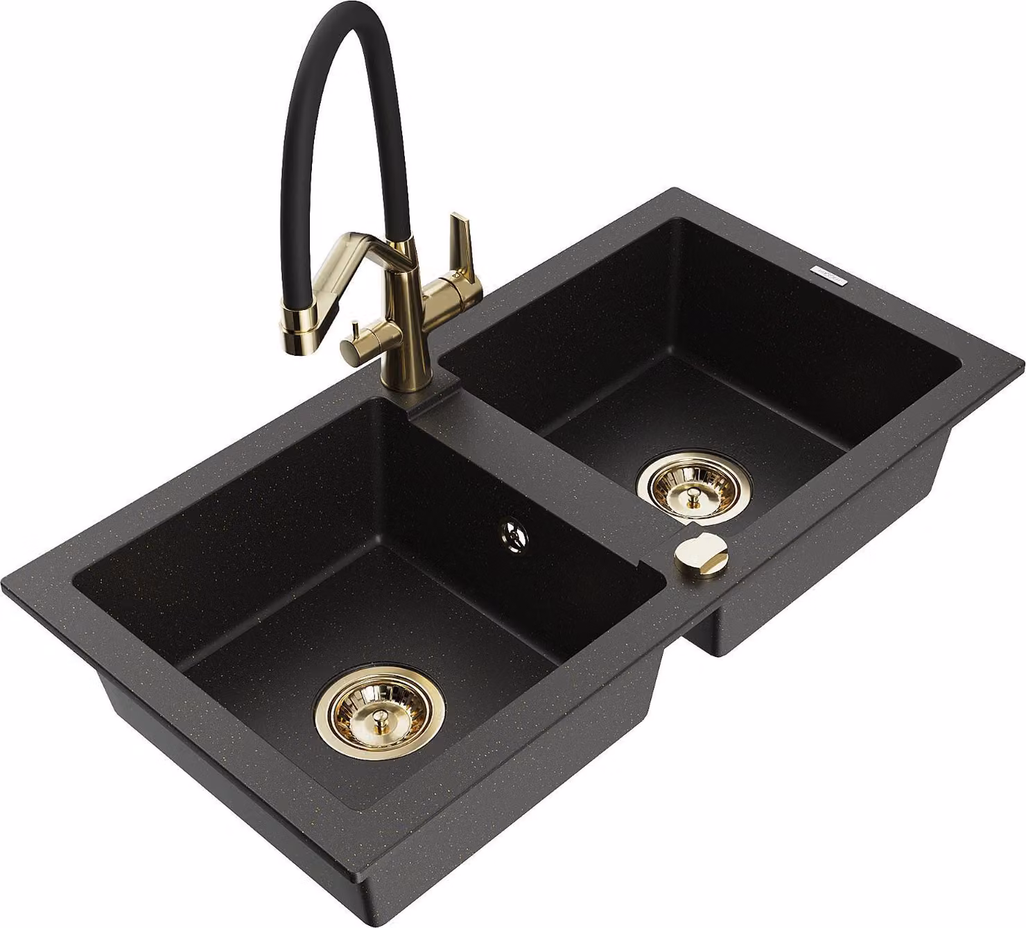 Mexen Mario lavello in granito a 2 vasche con miscelatore cucina Duo, nero/oro metallizzato - 6504-75-671701-57-G