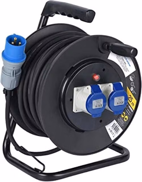 Avvolgicavo Industriale Electraline con 2 Prese IEC e Spina CEE per Camper, Lunghezza 25 m, Colore Nero-Blu