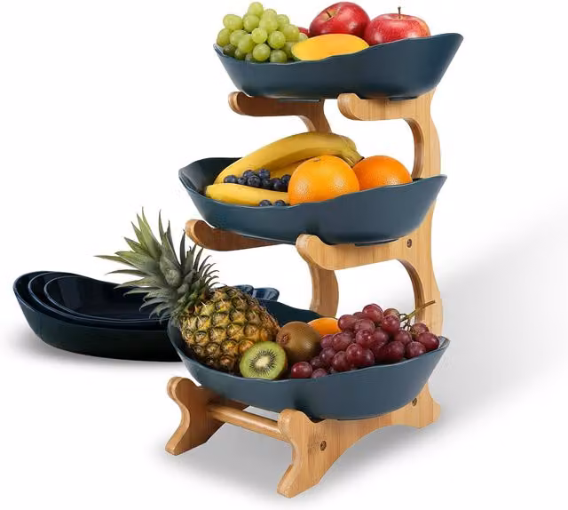 Alzatina Porta Frutta Avilia Home con 3 Ripiani e Cestelli in Bambù e Plastica, Colore Nero