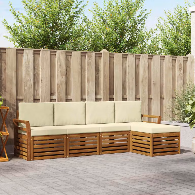Set di divani da esterno vidaXL a forma di L composto da 5 pezzi in legno di acacia con cuscini inclusi, colori beige, marrone e bianco