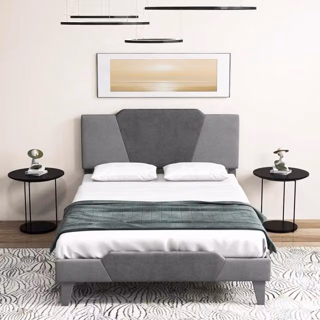 Letto Moderno Costway con Struttura Imbottita in Velluto Grigio e Doghe in Legno, L/P: 140 x 200 cm