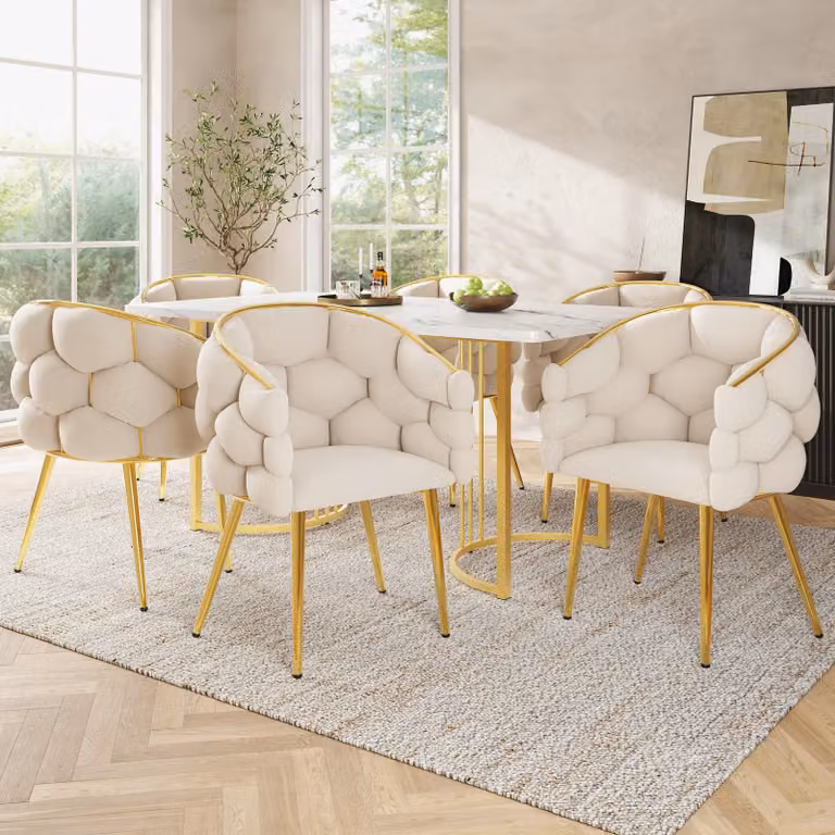 Fortuna Lai Sedie in velluto (6 pezzi), sedie da salotto, sedie da pranzo, sedie da trucco, sedie in stile moderno, gambe in ferro dorato, sedie beige, sedie Bubble, sedie ergonomiche